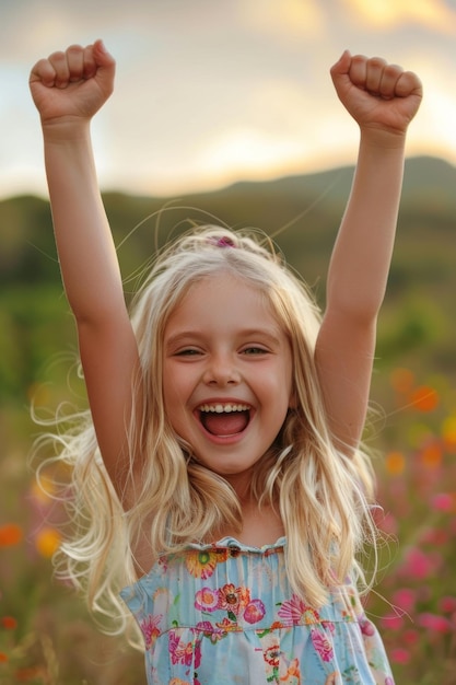 Happy young girl with raised arms celebrating joyfully in a flower field at sunset