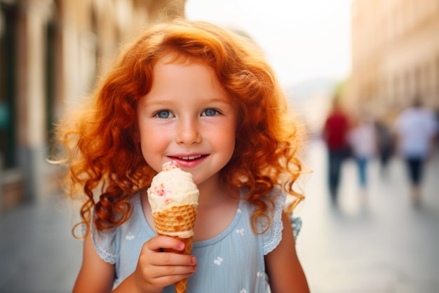 Happy young girl with red hair enjoying an ice cream