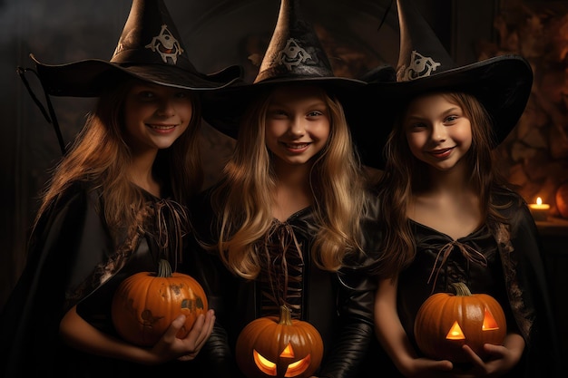 Happy young girls at a Halloween pumpkin party dressed