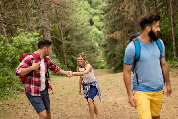 Giovane gruppo felice che fa un'escursione insieme attraverso la foresta