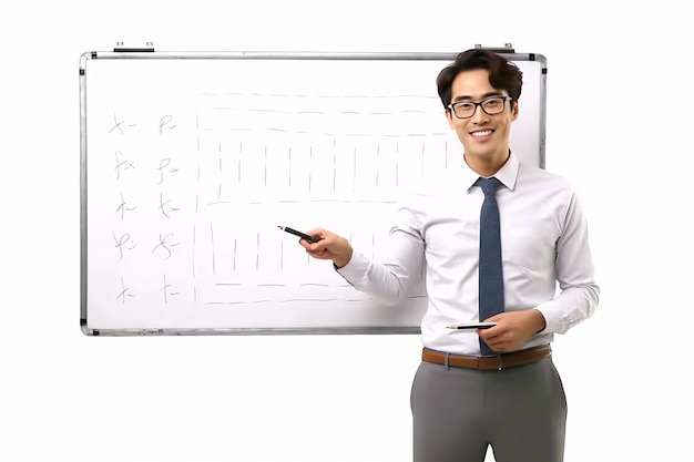 A happy young handsome asian professor focused on teaching and writing on whiteboard