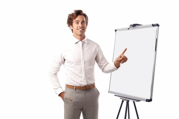 Photo a happy young handsome professor focused on teaching and writing on whiteboard