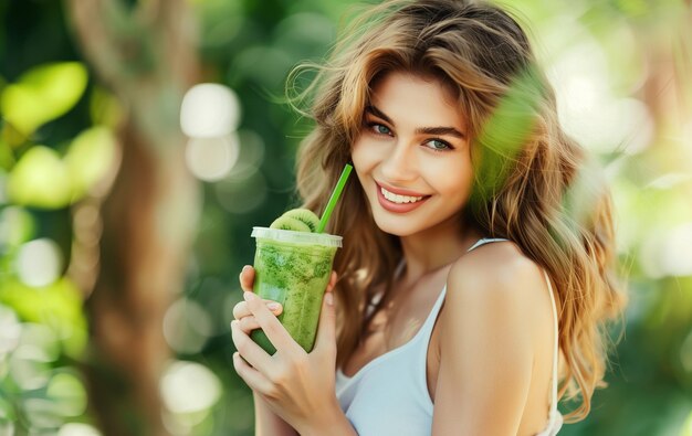 Happy young healthy woman with cup of fresh green smoothie drink nutrition and diet concept