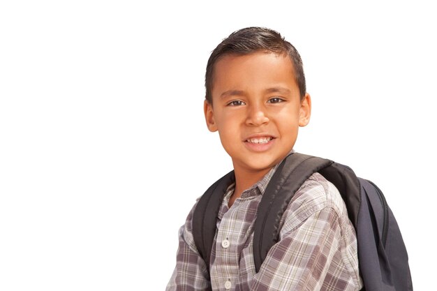 Happy Young Hispanic Boy with Backpack Ready for School Isolated on a White Background