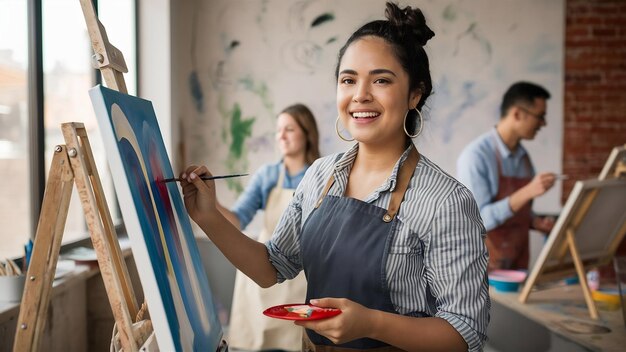 Happy young hispanic woman with an apron is smiling while painting on a large canvas for her art cl