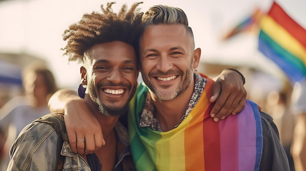 Photo happy young homosexual couple on the lgbt paradecreated with generative ai technology