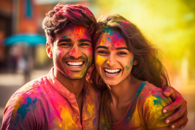 Una giovane coppia indiana felice con vernici a polvere colorate su di loro che festeggiano holi