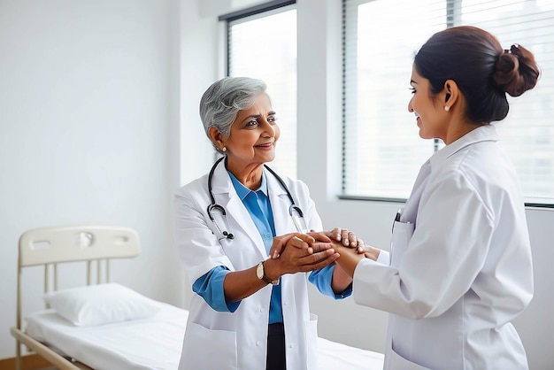 Foto un giovane medico terapeuta indiano felice con una camicia bianca ha un appuntamento consulenza di supporto mettendo la mano sulla spalla di una paziente anziana anziana in un ospedale clinico moderno concetto di assistenza sanitaria