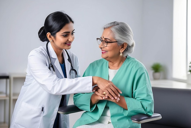 Photo happy young indian doctor therapist in white coat has appointment consulting supporting putting hand on shoulder of older senior female patient in modern clinic hospital medical healthcare concept