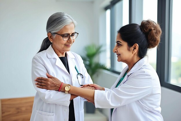 Photo happy young indian doctor therapist in white coat has appointment consulting supporting putting hand on shoulder of older senior female patient in modern clinic hospital medical healthcare concept