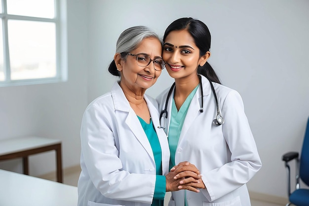 Happy young Indian doctor therapist in white coat has appointment consulting supporting putting hand on shoulder of older senior female patient in modern clinic hospital Medical healthcare concept