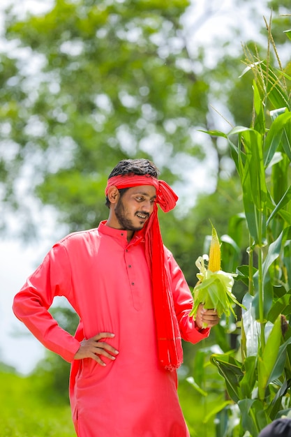 Happy young Indian farmer showing corn fruit at field