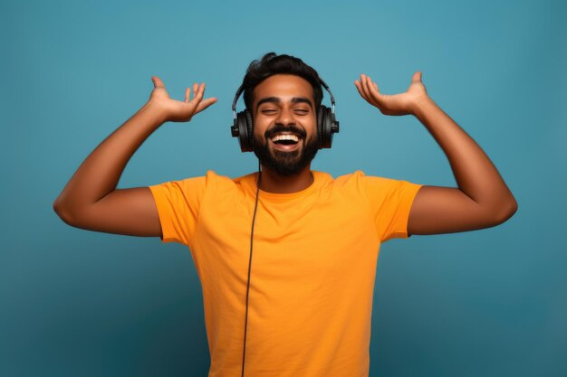 Photo happy young indian man in blue shirt dancing and having fun