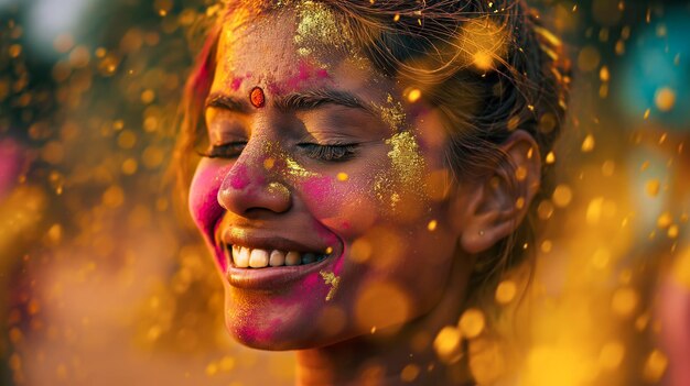 Happy Young Indian woman with colorful Holi powder smiling surrounded by paint particles