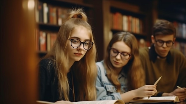Happy young individuals in a library studying together in a portrait Generative AI Education and Teenage Concept