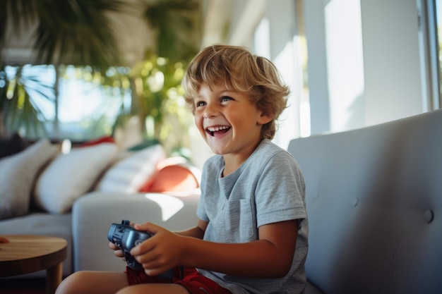 Happy young kid playing video games intensely at home