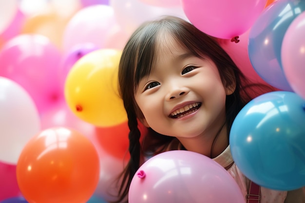 Happy young Korean girl 5 years old playing balloons background