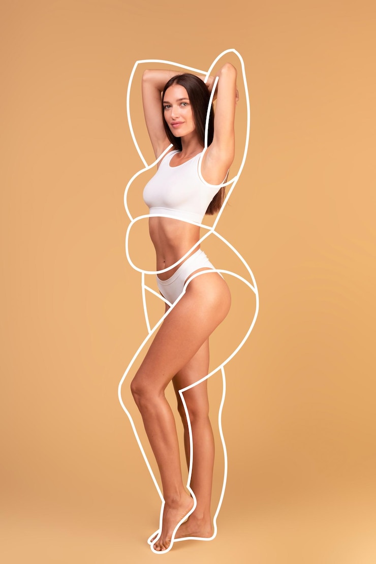 Photo happy young lady in underwear demonstrating perfect slim body collage with outlines of overweight silhouette