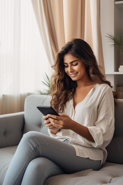 Happy young Latin woman sitting on sofa holding mobile phone using cellphone technology doing ecommerce shopping buying online texting messages