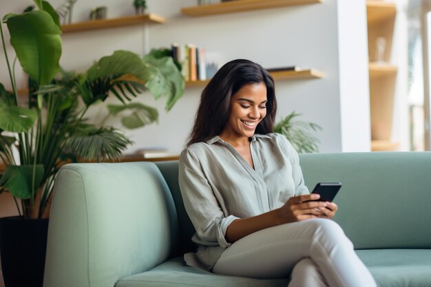 행복한 젊은 라틴 여성이 소파에 앉아 휴대전화를 들고 휴대전화 기술을 사용하여 전자 상거래 쇼핑을 하고 온라인 문자 메시지를 구입합니다.
