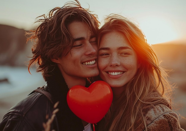 Happy young in love couple holding large red heart on romantic summer vacationMacroAI Generative