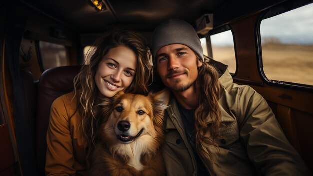 Happy young loving couple with puppy