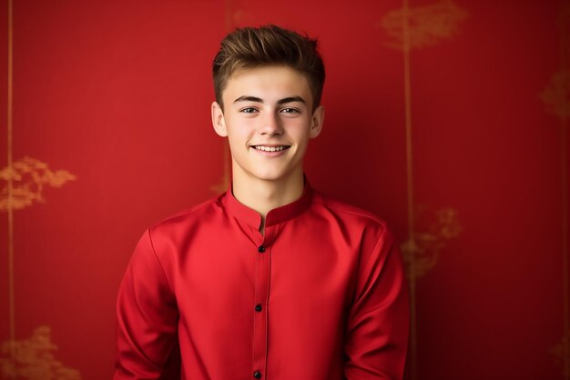 Happy young man in chinese shirt red background Space for text