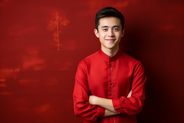 Happy young man in chinese shirt red background Space for text