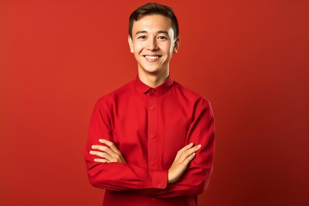 Foto giovane felice con la camicia cinese sullo sfondo rosso spazio per il testo