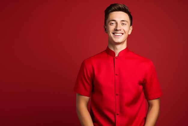 Happy young man in chinese shirt red background Space for text