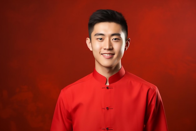 Happy young man in chinese shirt red background Space for text