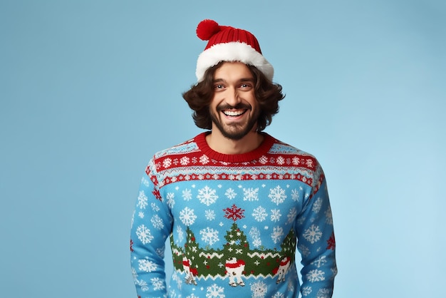 밝은 파란색 배경에 크리스마스 스웨터와 산타 모자를 입은 행복한 젊은 남자 텍스트에 대한 공간