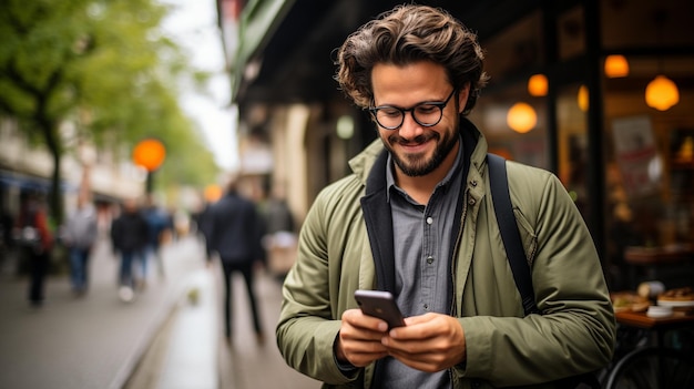 Happy young man in the city using a smartphonexA