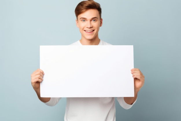 Happy young man holding blank white banner sign isolated studio portrait