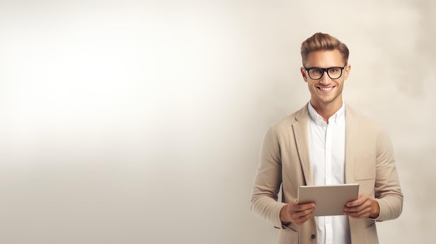 Happy Young Man Holding Digital Tablet created with Generative Al technology