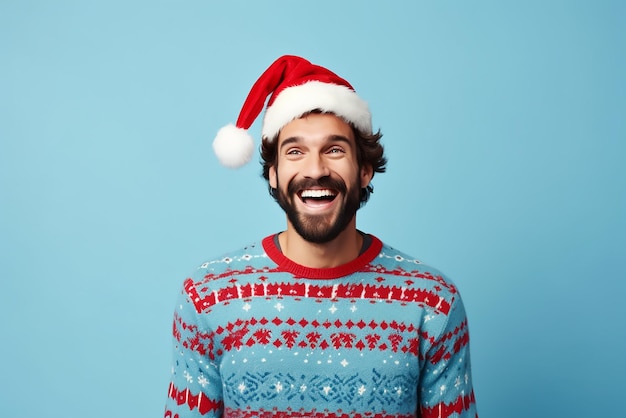 写真 明るい青い背景のクリスマスセーターとサンタの帽子を着た幸せな若い男 テキストのスペース