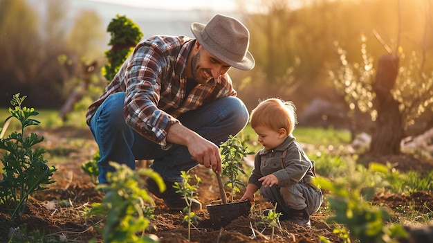 幸せな若者が植え,小さな息子が彼を助けている