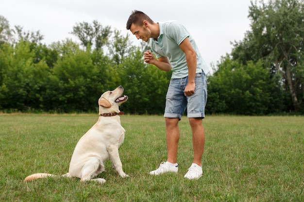 幸せな若い男は屋外犬ラブラドールを訓練します。