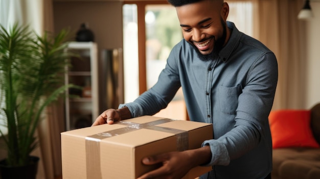 Happy young man opening a parcel at home Generative AI