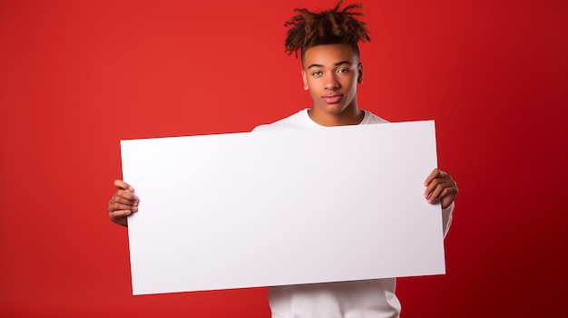 Happy young man showing and displaying placard ready for your text or product