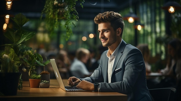 A happy young man sitting and using a laptop