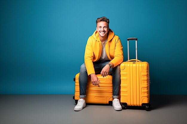 Happy young man smiling sitting on a suitcase ready to travel travel and freedom concept