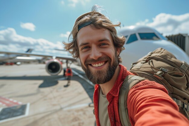 Happy young man taking selfie picture with smart mobile phone boarding on air plane