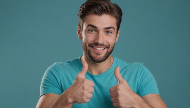A happy young man in a teal tshirt gives a thumbs up with a playful wink and a confident smile