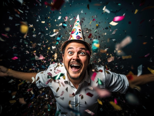 happy young man wearing party hat with sprinkled confetti in the middle of a festive party