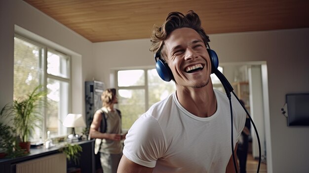 Happy young man wearing wireless headphones at home