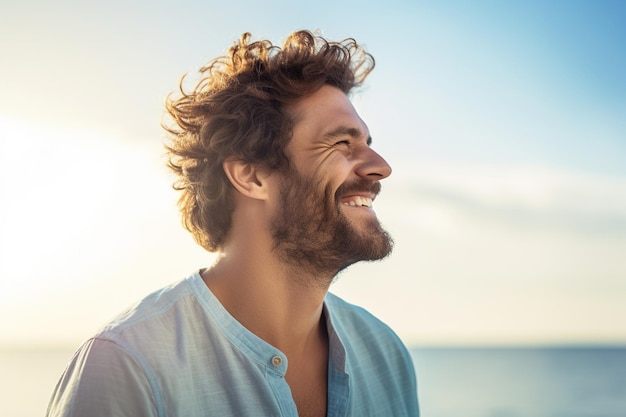 happy young man with backpack looking to the sky at the sea