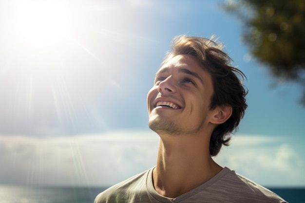 happy young man with backpack looking to the sky at the sea