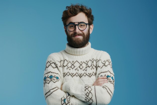 Giovane felice con la barba e gli occhiali che posa con fiducia