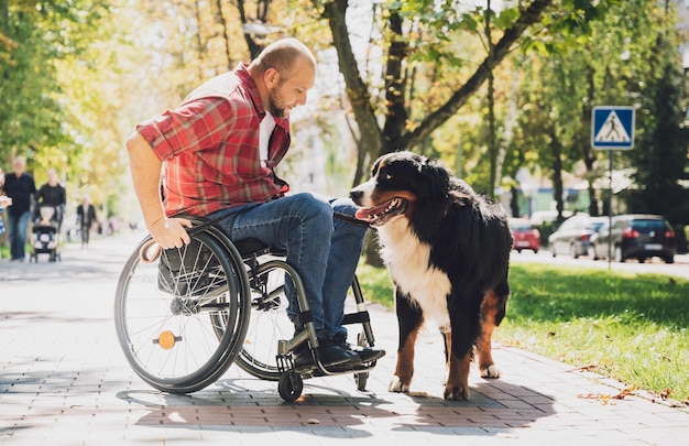 Happy young man with a physical disability in a wheelchair with\
his dog